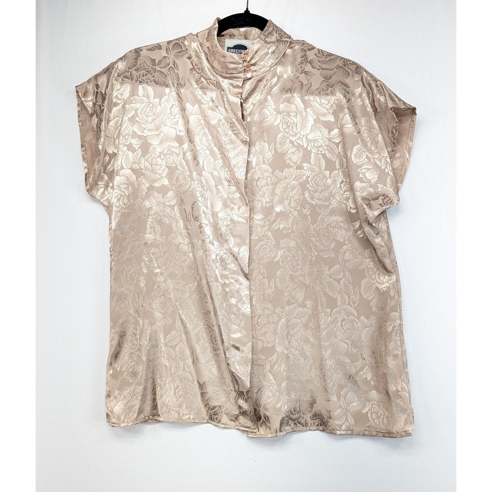 Greenwich Square Champagne Floral Jacquard Mock Neck Blouse Vintage Size 13/14
